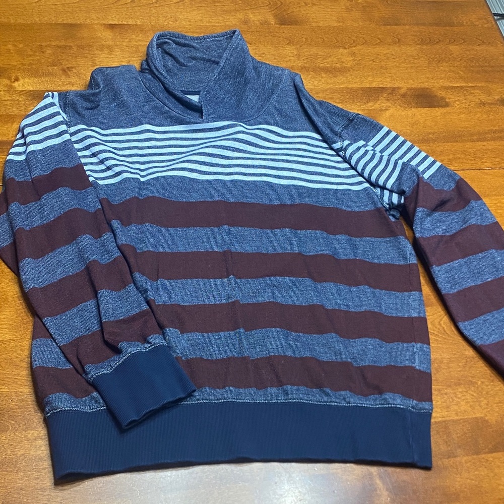 Marc Ecko Blue and Burgundy Striped Lifted Collar Sweater